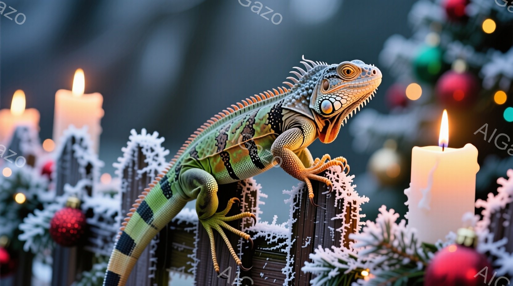 鮮やかな緑色のイグアナが、雪で覆われた柵にとまっており、その体は複雑な模様で覆われています。周囲には、温かい光を放つ複数のロウソクと、クリスマスオーナメントで飾られた緑の植物が見え、冬の祝祭の雰囲気を醸し出しています。全体的に、温かく、ファンタジーのような、おとぎ話のような雰囲気です。