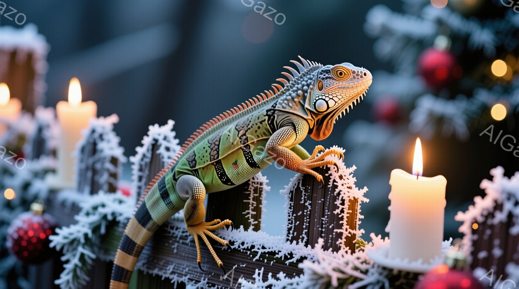鮮やかな緑色のイグアナが、雪で覆われた柵の上を歩いている様子が捉えられています。背景には、ぼんやりとしたクリスマスツリーと、温かい光を放つ複数のキャンドルがあり、冬の夜の幻想的な雰囲気を醸し出しています。イグアナの表情は落ち着いており、周囲の暖かく穏やかな光とコントラストをなしています。