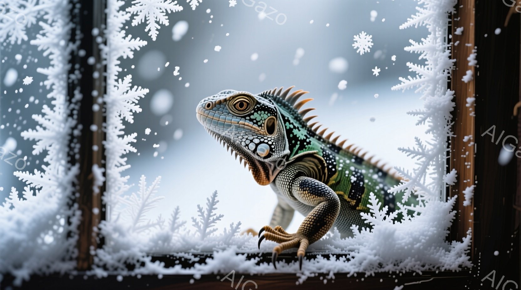 鮮やかな緑と青のイグアナが、霜で覆われた窓枠に寄りかかっています。鋭い爪で窓枠につかまり、前方をじっと見つめる姿は、どこか神秘的です。背景は雪景色で、木々が霜で覆われ、冬の静寂と冷たさを感じさせます。 - AI生成フリー素材