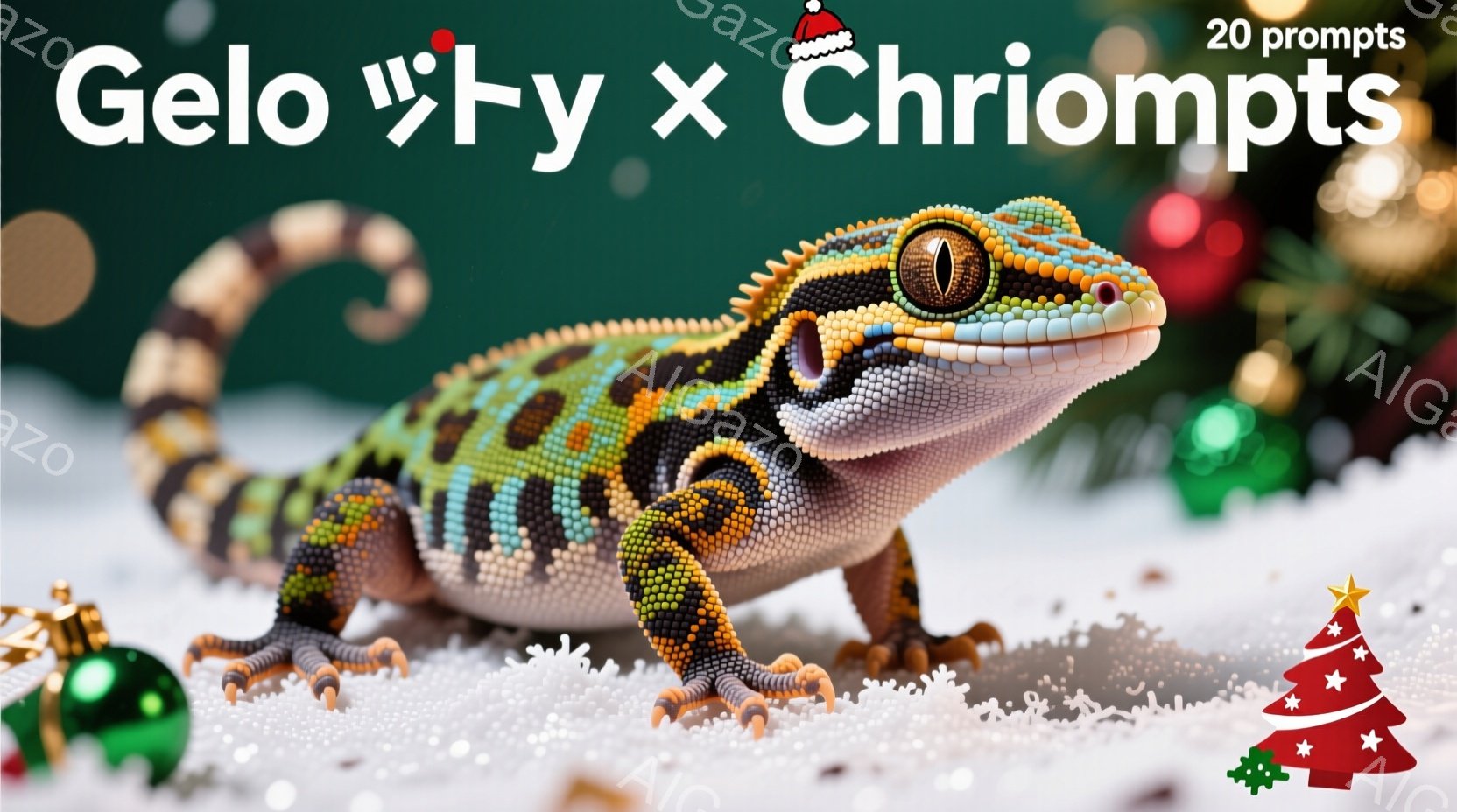 鮮やかなオレンジと黒の模様を持つヒョウモントカゲモドキが写っています。彼は前足を伸ばし、わずかに上を見上げているポーズで、好奇心旺盛な表情をしています。背景には緑色の装飾、小さな赤い破片、そして白い粒状のものが散りばめられており、冬の装飾を思わせる雰囲気です。