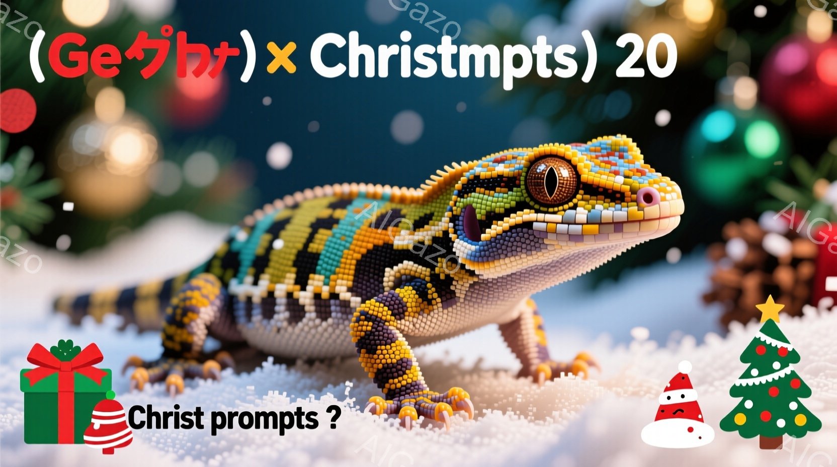 ピクセルアートで表現されたトカゲのクローズアップです。鮮やかな青、オレンジ、黄色の小さな正方形がトカゲの鱗や特徴を構成し、雪の上にいるように見えます。背景にはぼやけたクリスマスツリーやオーナメントが散りばめられており、冬の休日の雰囲気を醸し出しています。