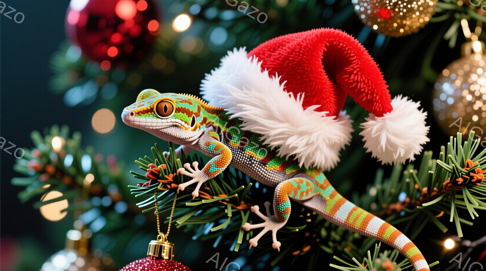 鮮やかな色のトカゲがクリスマスツリーの枝に止まり、赤いサンタ帽を被っています。トカゲは正面を向き、好奇心と遊び心を感じさせる表情で、両手で枝につかまっています。背景には、ぼやけたクリスマスオーナメント - AI生成フリー素材