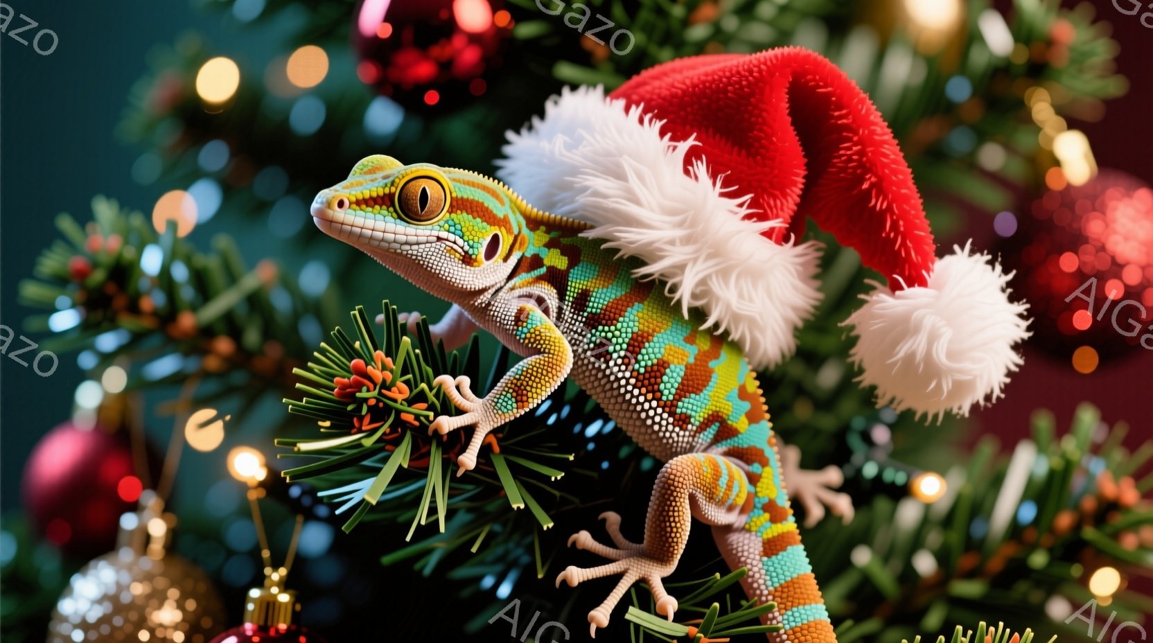 鮮やかな色彩のヤモリが、クリスマスツリーの枝にしがみついています。頭には赤いサンタ帽をかぶり、つぶらな瞳でこちらを見ている様子は愛らしいです。背景には緑豊かなクリスマスツリーとぼんやりとした装飾が写り、全体的に温かく、お祝いムードにあふれています。