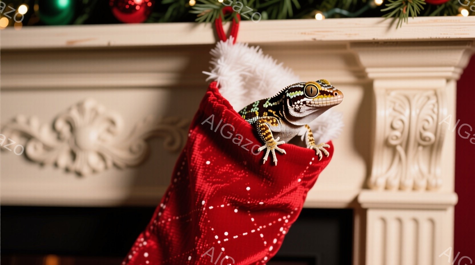 赤いクリスマスストッキングの中から、模様のあるトカゲが顔を出しています。トカゲは前足をストッキングの縁にかけ、好奇心旺盛な表情でこちらを見ているようです。背景には白い暖炉と、クリスマスツリーの装飾が見 - AI生成フリー素材