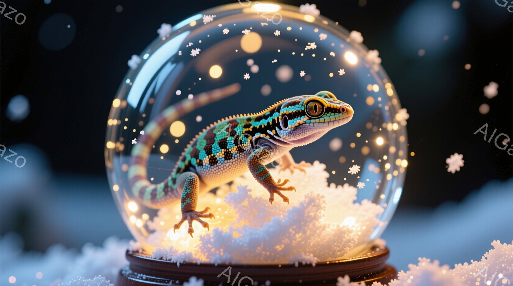 ガラス製のスノーグローブの中に、鮮やかな色彩のヤモリが雪の上に立っている様子が描かれています。ヤモリは前足を大きく広げ、まるで飛び降りようとしているかのような躍動感のある姿勢です。背景は暗く、スノーグローブの周囲には雪が舞い、幻想的で冬の雰囲気を醸し出しています。