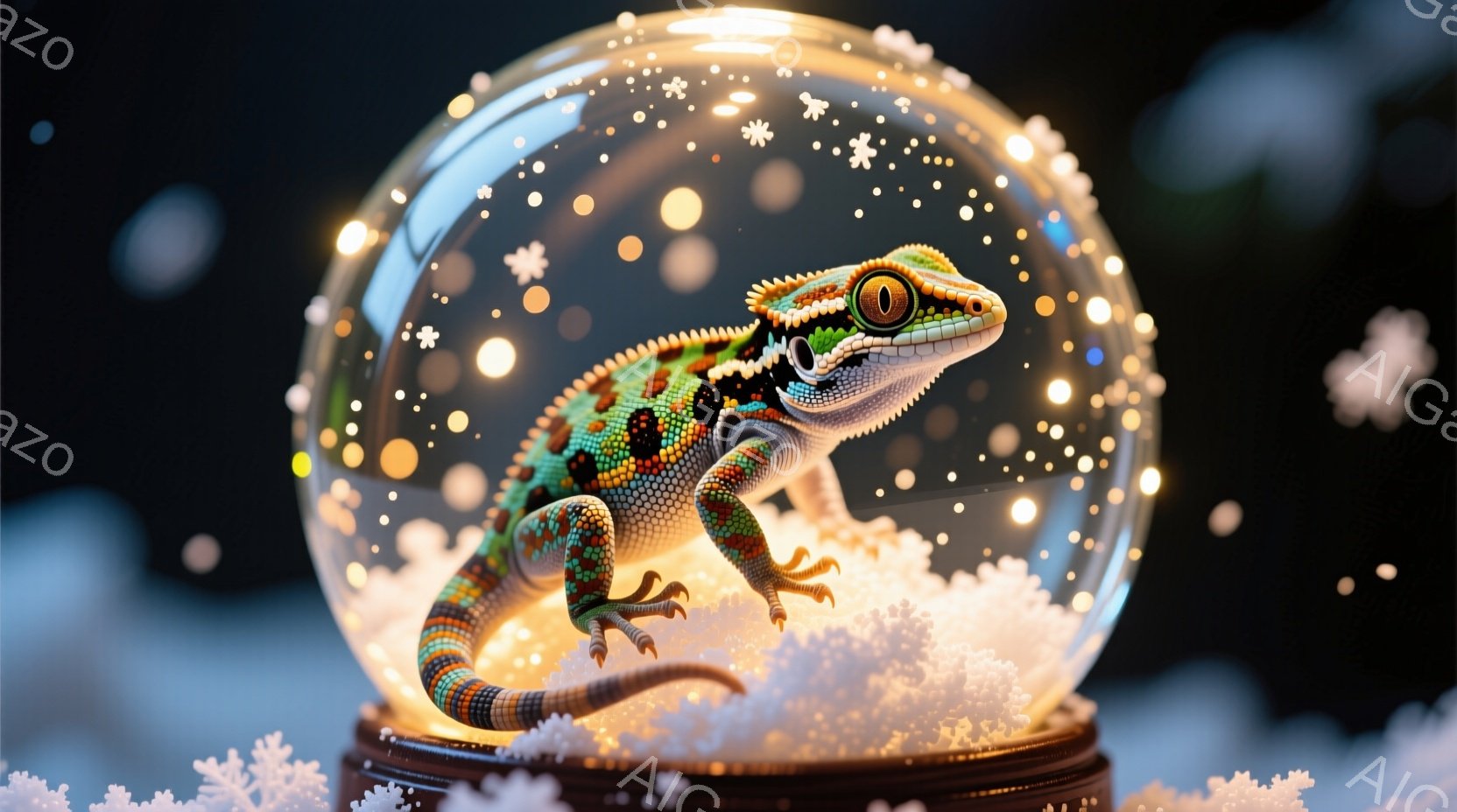 ガラス球の中に鮮やかな色のトカゲが雪の上にいる様子が描かれています。トカゲは明るい緑色、青色、オレンジ色、黒色の斑点模様を持ち、雪の上で前足を伸ばしてちょこんと座っているようなポーズをとっています。背景は暗く、周囲には輝く雪の結晶が舞い、幻想的で可愛らしい雰囲気を醸し出しています。