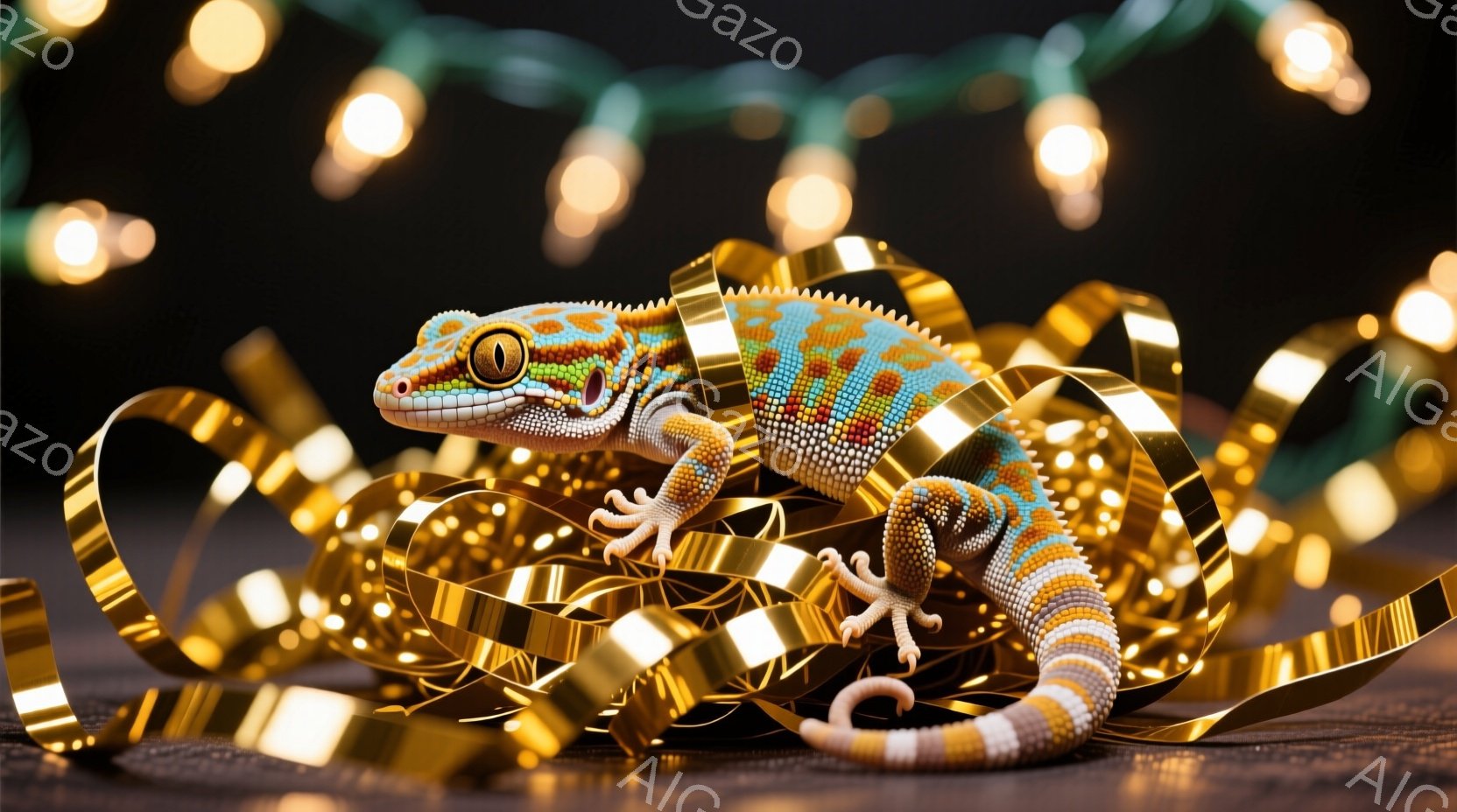 明るい背景に、鮮やかな模様のヒョウモントカゲモドキが、金色のリボンに絡みつきながらも、しっかりと四肢で体を支えています。爬虫類の表情は捉えにくいですが、好奇心旺盛な様子がうかがえます。背景は暗く、ぼや - AI生成フリー素材