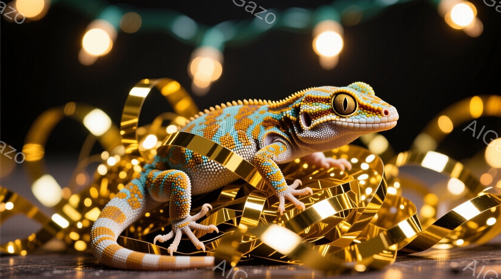 鮮やかなオレンジと青の模様を持つヤモリが、金色のリボンが散らばる暗い背景に佇んでいます。ヤモリは四肢を広げ、わずかに上を見上げるような姿勢で、つぶらな瞳はカメラを見つめています。背景にはぼやけた光の帯がいくつか見られ、お祝いや華やかな雰囲気を演出しています。