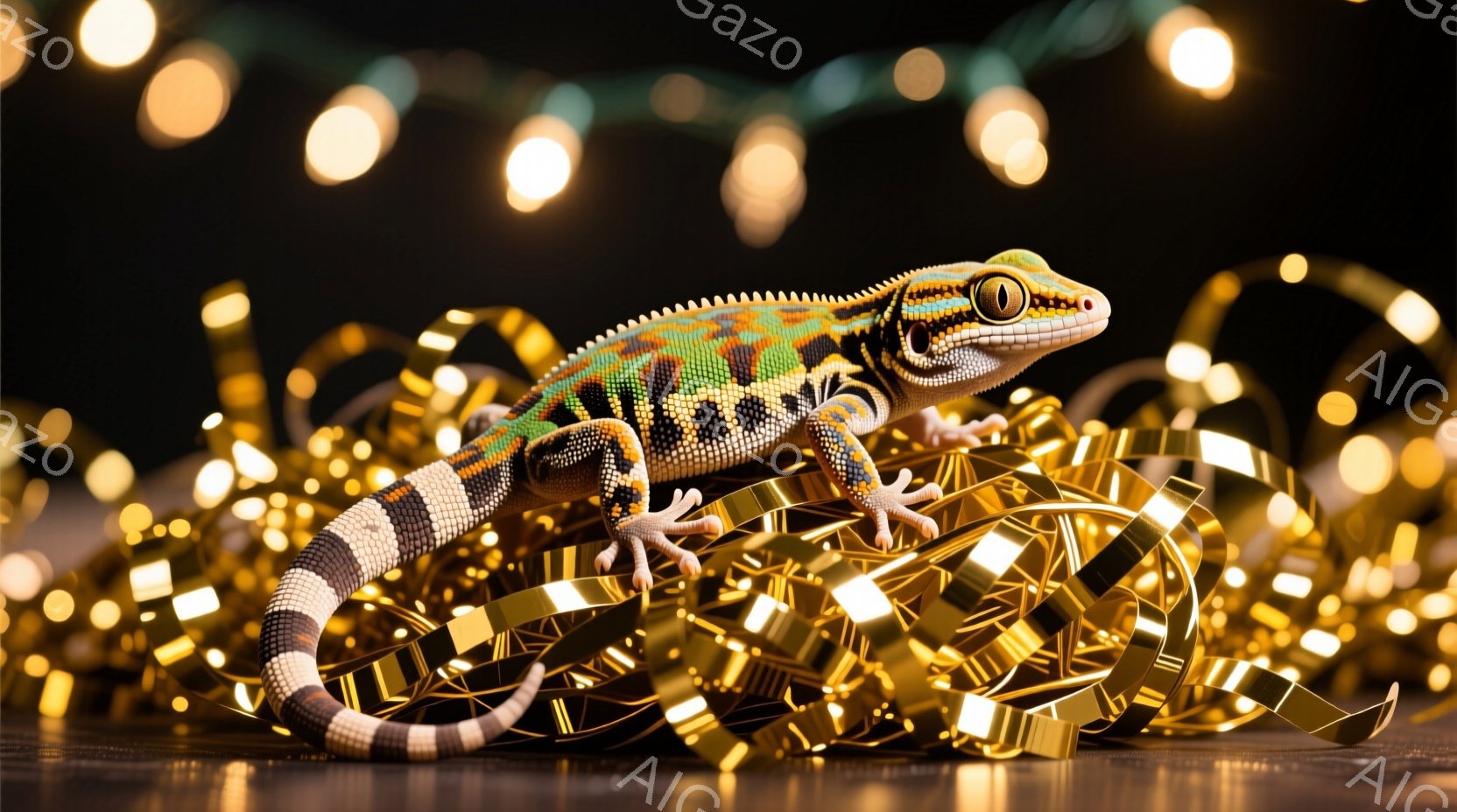 鮮やかな模様のヤモリが、金色のリボンが散らばった暗い背景に佇んでいます。ヤモリは前足を伸ばし、後ろ足は少し曲げたポーズで、まるでリボンの上に腰掛けているかのようです。背景にはぼやけた黄色の光が散りばめ - AI生成フリー素材
