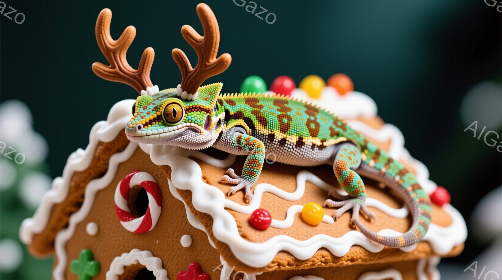 明るい緑と茶色の爬虫類が、アイシングで飾られた巨大なジンジャーブレッドハウスの上に座っています。頭には小さなトナカイの角がついており、可愛らしい表情をしています。背景は緑色のぼかしで、お祭りの雰囲気を - AI生成フリー素材