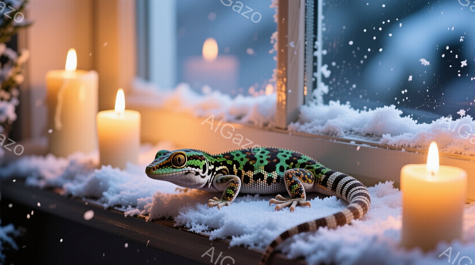 白い雪の上に、鮮やかな緑と黒の模様を持つヤモリが横たわっています。周囲には灯りのともったキャンドルが置かれ、暖かく幻想的な雰囲気を醸し出しています。背景には雪景色が見え、まるで冬の夜の静寂と温もりを描 - AI生成フリー素材