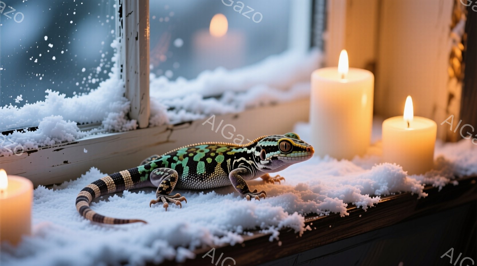 窓枠に雪が積もり、その上に鮮やかな模様のヒョウモントカゲモドキが横たわっています。周囲には点灯したロウソクが数本置かれ、暖かく幻想的な雰囲気を醸し出しています。背景はぼやけていますが、暗い夜に雪が降っている様子がうかがえます。