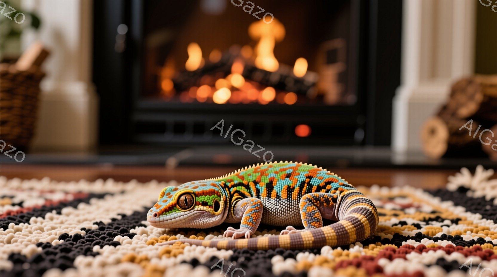 カラフルな模様のヒョウモントカゲモドキが、複雑な幾何学模様の絨毯の上に横たわっています。背景には暖炉があり、炎が暖かく照らし出しています。暖炉のそばには薪が積み重ねられており、全体的に居心地の良い、家 - AI生成フリー素材
