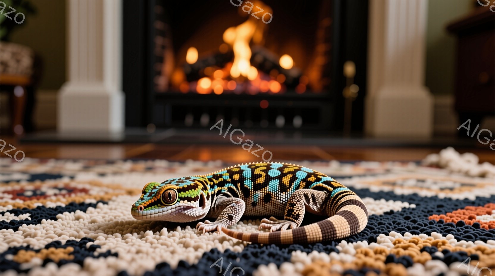 カラフルな模様のヒョウモントカゲモドキが、手作りのような織物の敷物の上に横たわっています。その鱗は青、オレンジ、黒、白の鮮やかな色で覆われており、背景には暖炉があり、暖かく心地よい雰囲気を醸し出しています。敷物の手触り感と暖炉の炎が、リラックスした空間を作り出しています。