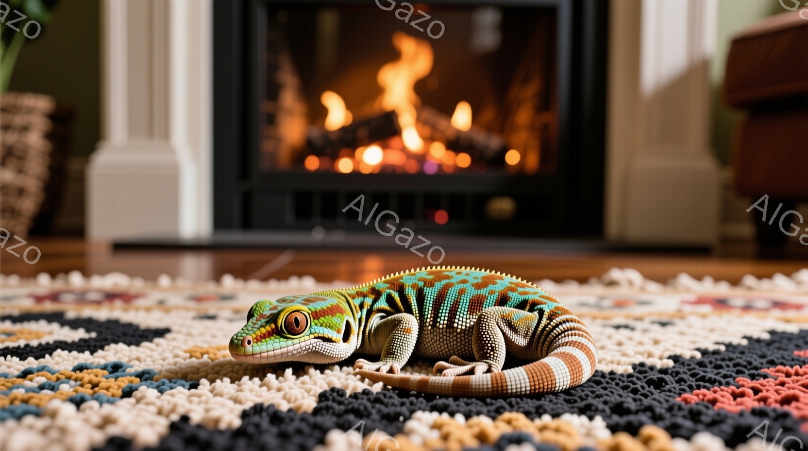カラフルな模様のヤモリが、黒、白、赤、茶色の幾何学模様のラグの上に横たわっています。背景には暖炉があり、オレンジ色の炎が燃え盛っています。全体的に暖かく、居心地の良い雰囲気で、ヤモリがリラックスした様子が伺えます。