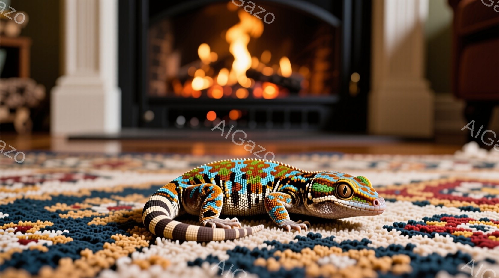 カラフルな模様のヤモリが敷物の上でうずくまっている。背景には暖炉があり、炎が燃え盛っているのが見える。暖炉の光と敷物の鮮やかな色彩が、居心地の良い暖かい雰囲気を作り出している。