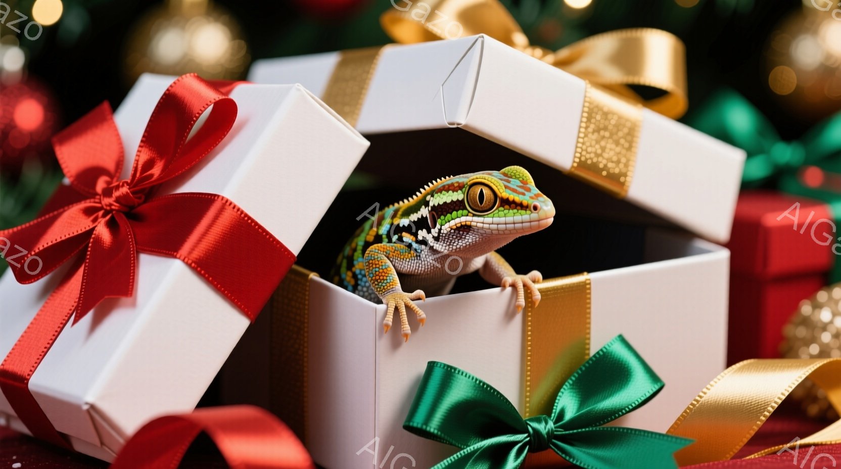 白いギフトボックスから顔を出し、好奇心旺盛な表情でこちらを見つめるトカゲが写っています。ギフトボックスは赤いリボン、緑のリボン、金色のリボンで飾られており、背景にはぼやけたクリスマスツリーと装飾が見え - AI生成フリー素材