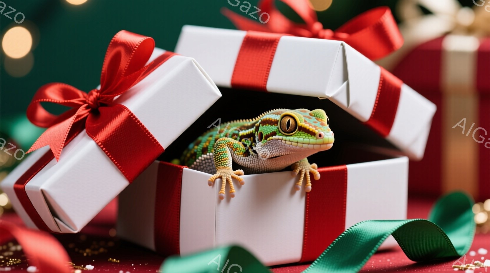 白いギフトボックスの中から、鮮やかな緑色のトカゲが顔を出しています。トカゲは好奇心旺盛な表情でカメラを見つめており、ギフトボックスの赤いリボンや緑色のストリーマーが、お祝いの雰囲気を醸し出しています。 - AI生成フリー素材