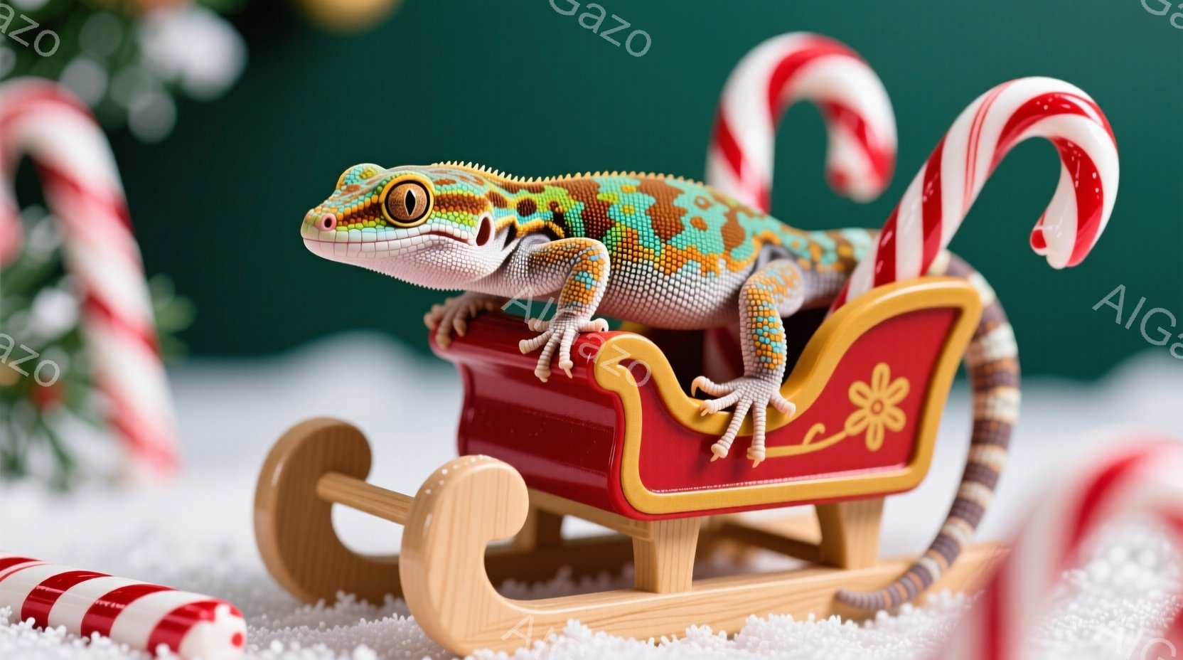 鮮やかな模様のヤモリが、赤いそりに乗って微笑んでいます。 そりは木製で、白い雪の上に置かれ、背景には赤と白のキャンディケーンがいくつか見えます。 全体的に、陽気で遊び心のある冬の雰囲気が漂っています。 - AI生成フリー素材