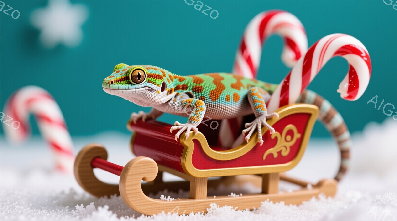 明るいターコイズグリーンとオレンジの模様を持つヤモリが、小さな赤いそりに乗っています。そりは木目調で、雪の上に置かれており、周囲にはキャンディケーンが飾られています。全体的に、遊び心があり、お祝いムードにあふれた、冬の楽しいシーンが表現されています。