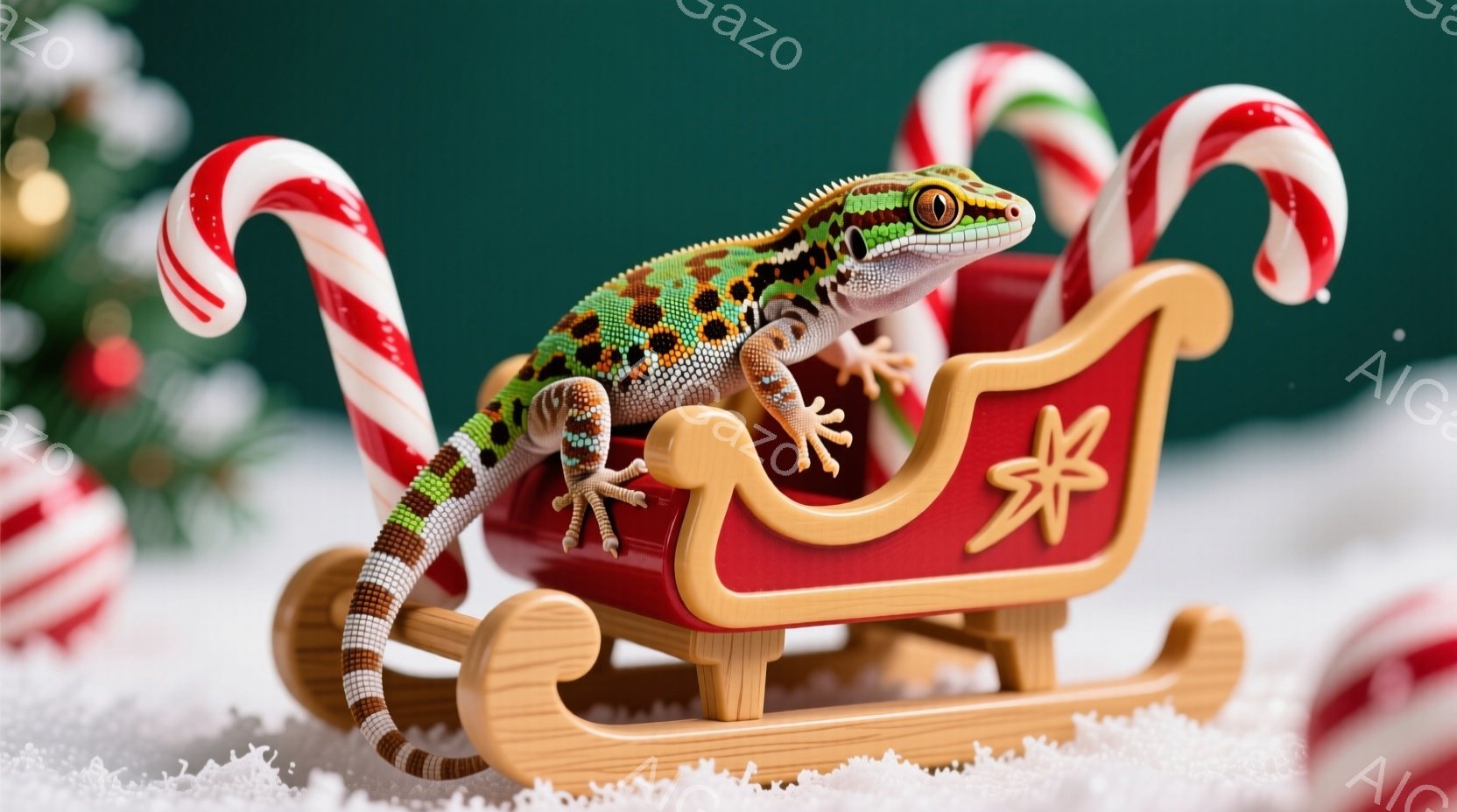 鮮やかな色のトカゲが、赤いそりに乗ってポーズをとっています。そりは金色の縁取りがあり、雪が舞う緑色の背景に、キャンディケーンが添えられています。全体的に、遊び心があり、お祝いムードの漂うクリスマスのイ - AI生成フリー素材