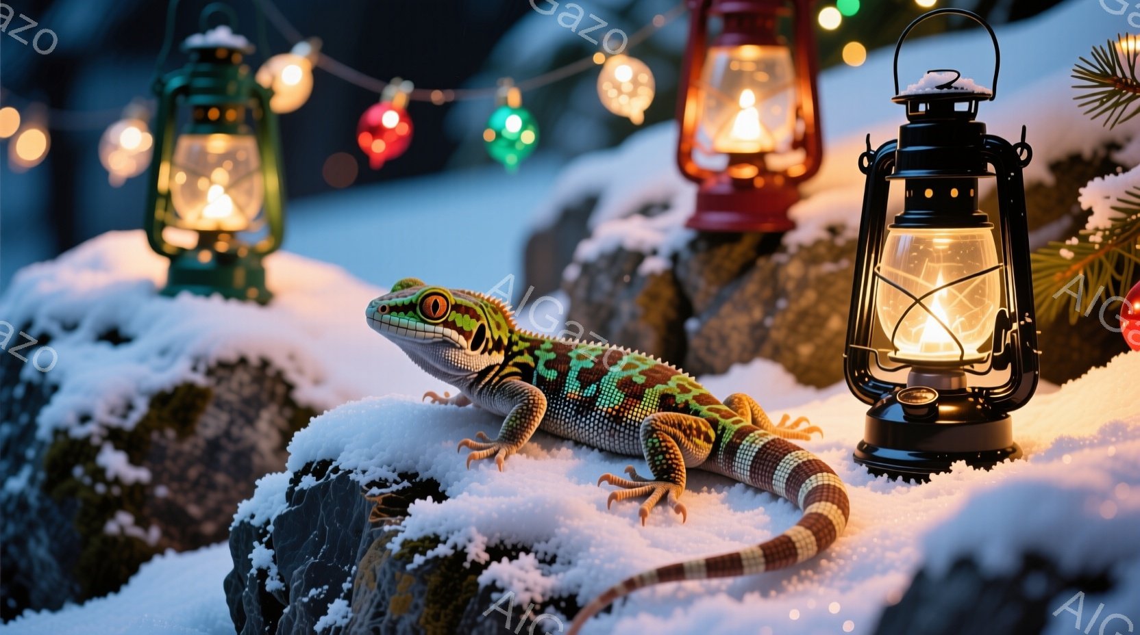 岩の上に鮮やかな色のトカゲが横たわっており、周りには雪が積もっています。背景には、クリスマスツリーの飾りや、灯りが灯ったランタンが並び、冬の夜の幻想的な雰囲気を醸し出しています。暖かく優しい光が、雪景色に暖かさを添えています。