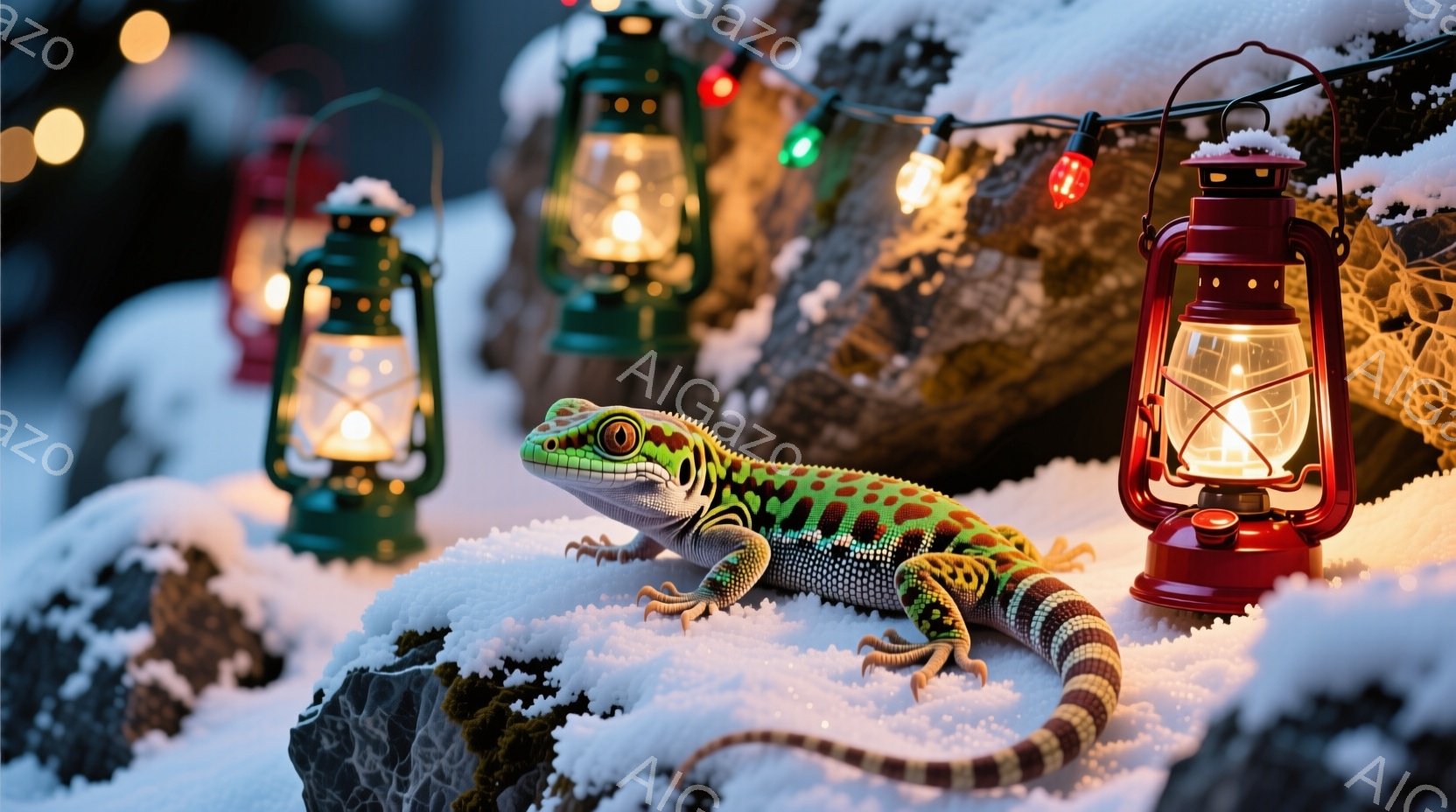 鮮やかな緑色のトカゲが、雪に覆われた岩の上に丸まってとぐろを巻いています。周囲には赤い、緑色の灯りが灯ったランタンがいくつか置かれ、ぼんやりとした光が雪景色を照らしています。背景には雪が降り積もり、幻 - AI生成フリー素材
