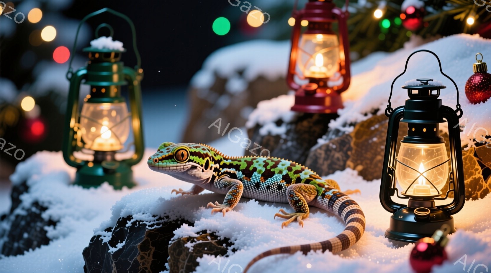 雪の上に、鮮やかな色彩のトカゲが横たわっています。周囲には、点灯した提灯が配置され、クリスマスのオーナメントが散りばめられており、幻想的な雰囲気を醸し出しています。雪景色と提灯の光が暖かく、冬の夜の静 - AI生成フリー素材