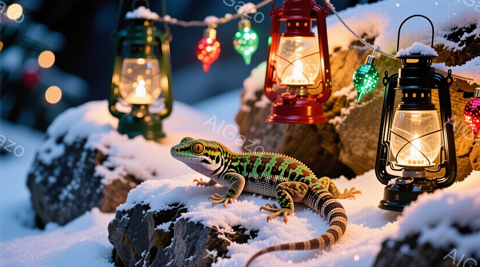 岩の上に、鮮やかな緑とオレンジ色の模様を持つヤモリが横たわっています。周囲には、クリスマスの飾り付けの一部である点灯したランタンやオーナメントが置かれ、雪が降り積もっています。全体的に、冬の暖かい光の中でリラックスしたヤモリの雰囲気と、祝祭の雰囲気を組み合わせた画像です。