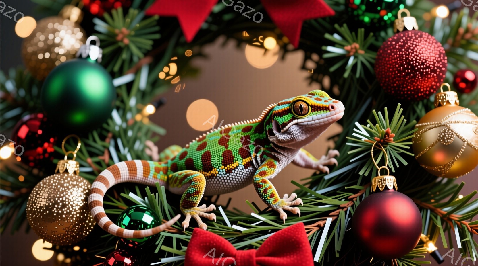 明るい緑色の背景に、鮮やかな斑点模様のヤモリがクリスマスツリーの枝に巻き付いています。赤いリボンタイを身に着けており、好奇心旺盛な表情でカメラを見つめています。背景には、様々な色のクリスマスオーナメントが輝き、暖かくお祝いムードを醸し出しています。