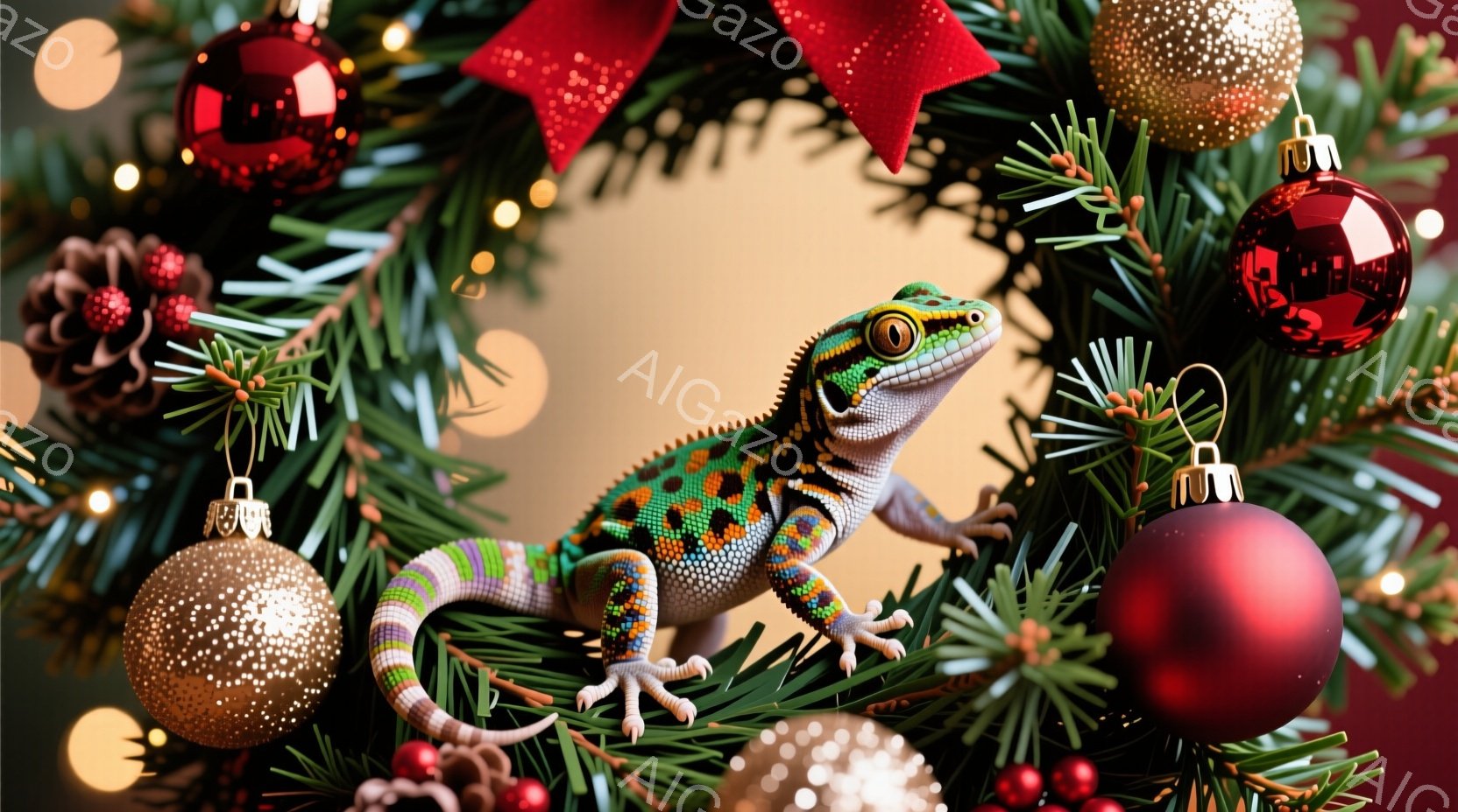 色鮮やかなトカゲがクリスマスリースの上でリラックスしたポーズをとっています。リースは松ぼっくりや赤い実、そして金、赤、緑の装飾ボールで飾られています。背景はぼかされており、暖かくお祝いの雰囲気を作り出 - AI生成フリー素材