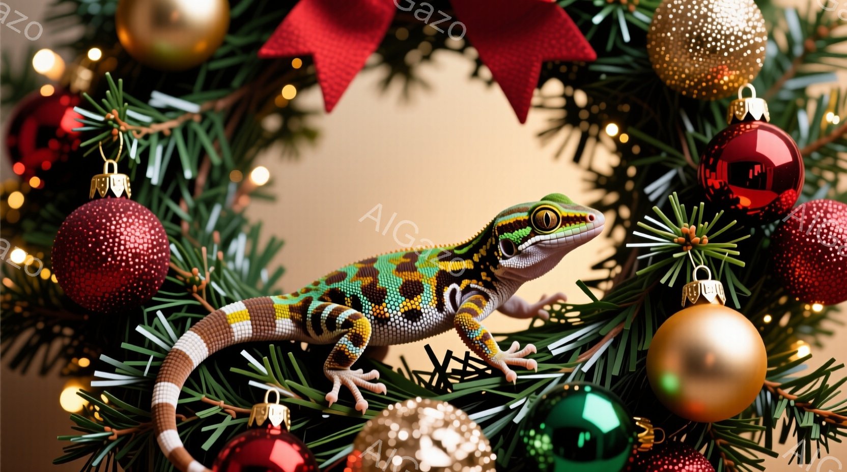 カラフルな模様のトカゲが、クリスマスツリーの枝に巻き付いてとぐろを巻いています。ツリーは赤、金、緑のオーナメントで飾られており、背景はぼかして暖かく、お祝いの雰囲気を醸し出しています。トカゲは鋭い眼差 - AI生成フリー素材
