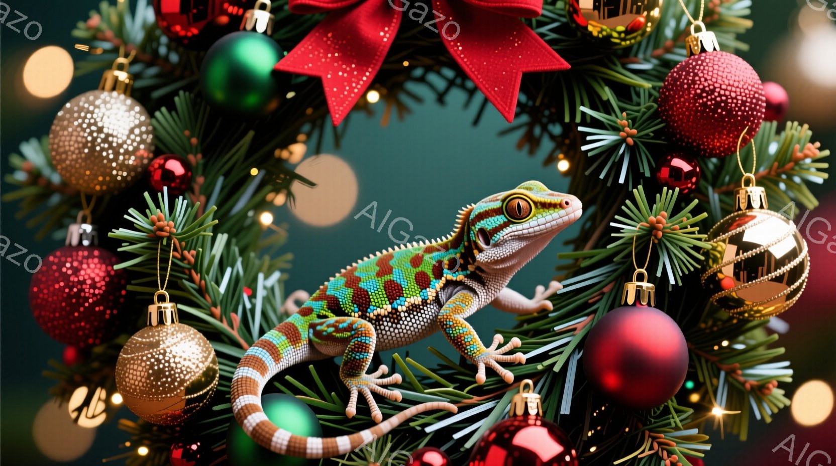 クリスマスリースの中に、鮮やかな色のトカゲがとぐろを巻いています。背景には、赤、金、銀のオーナメントが飾られており、ぼやけた光が暖かく、お祝いの雰囲気を醸し出しています。トカゲは興味深そうにカメラを見つめ、クリスマスの飾り付けの中に身を置くユニークな光景を作り出しています。