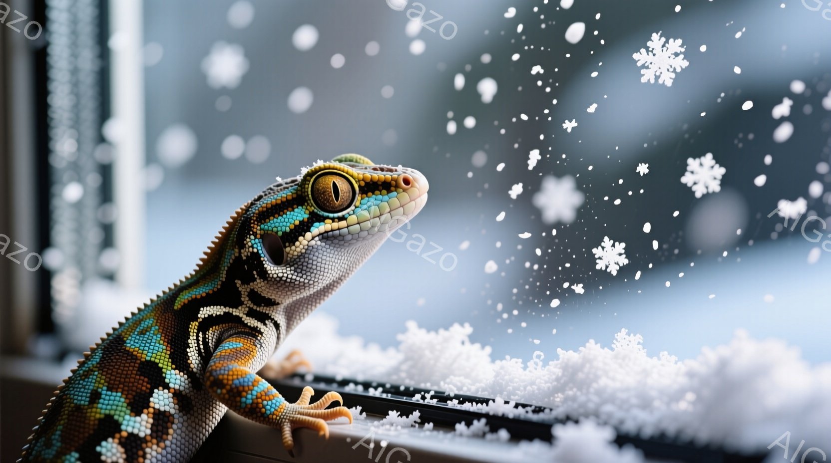 色鮮やかなフトアゲハゲコウが窓枠に座り、外の雪景色を眺めている。その体は、青、オレンジ、黒の複雑な模様で覆われ、鋭い視線は冬の風景に釘付けになっている。窓の外は雪が降り積もり、ぼんやりとした冬の日の穏 - AI生成フリー素材