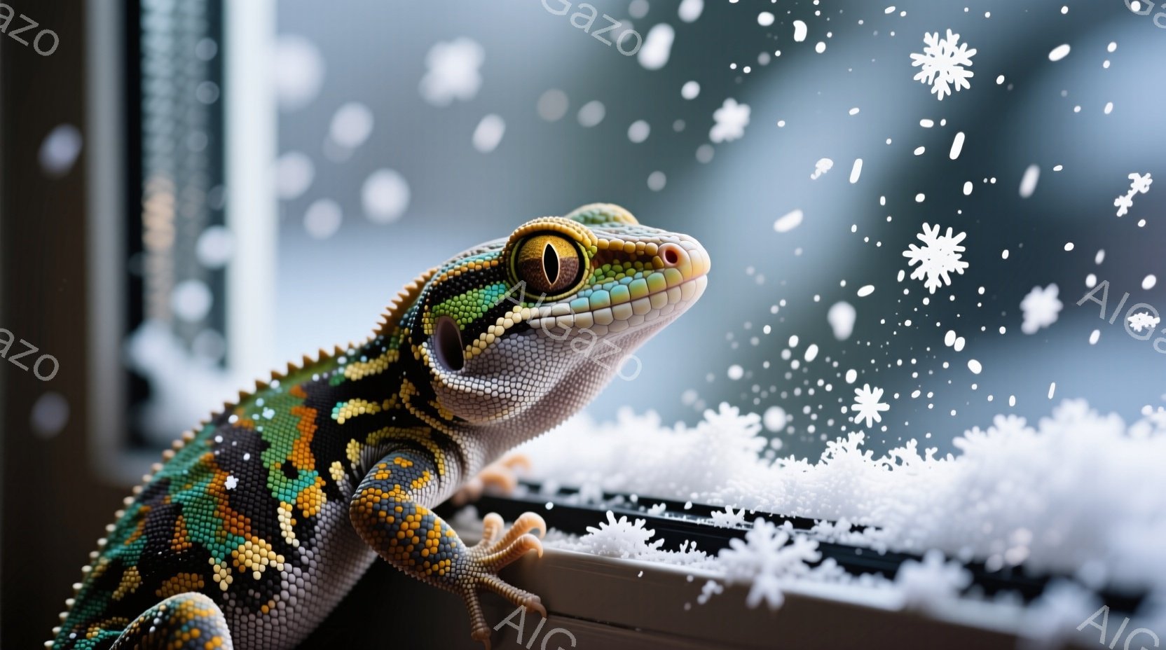 色鮮やかなトカゲが、雪が積もった窓枠に前足をかけて座っています。その体は、緑、オレンジ、黄色、黒の複雑な模様で覆われており、鋭い視線で何かを見つめています。背景はぼやけており、外は雪が降っていることがわかります。