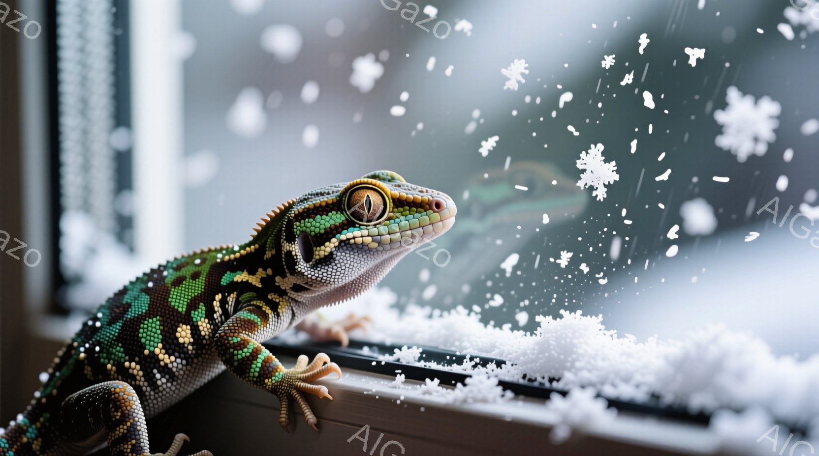 鮮やかな緑、黄色、黒の模様を持つ小型のトカゲが、雪が積もった窓枠に止まっています。トカゲは左を向き、好奇心旺盛な表情で何かを見つめており、その目は鋭く光っています。背景は雪景色で、冷たい冬の雰囲気を醸し出しています。