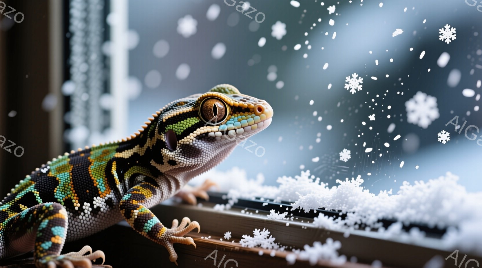 美しい模様のヒョウモントカゲモドキが、木製の窓枠に前足をかけて佇んでいます。その表情は好奇心旺盛で、何かを見つめているようです。背景は雪が舞う冬の景色で、窓の外にはぼやけた景色が広がっており、寒々しい - AI生成フリー素材
