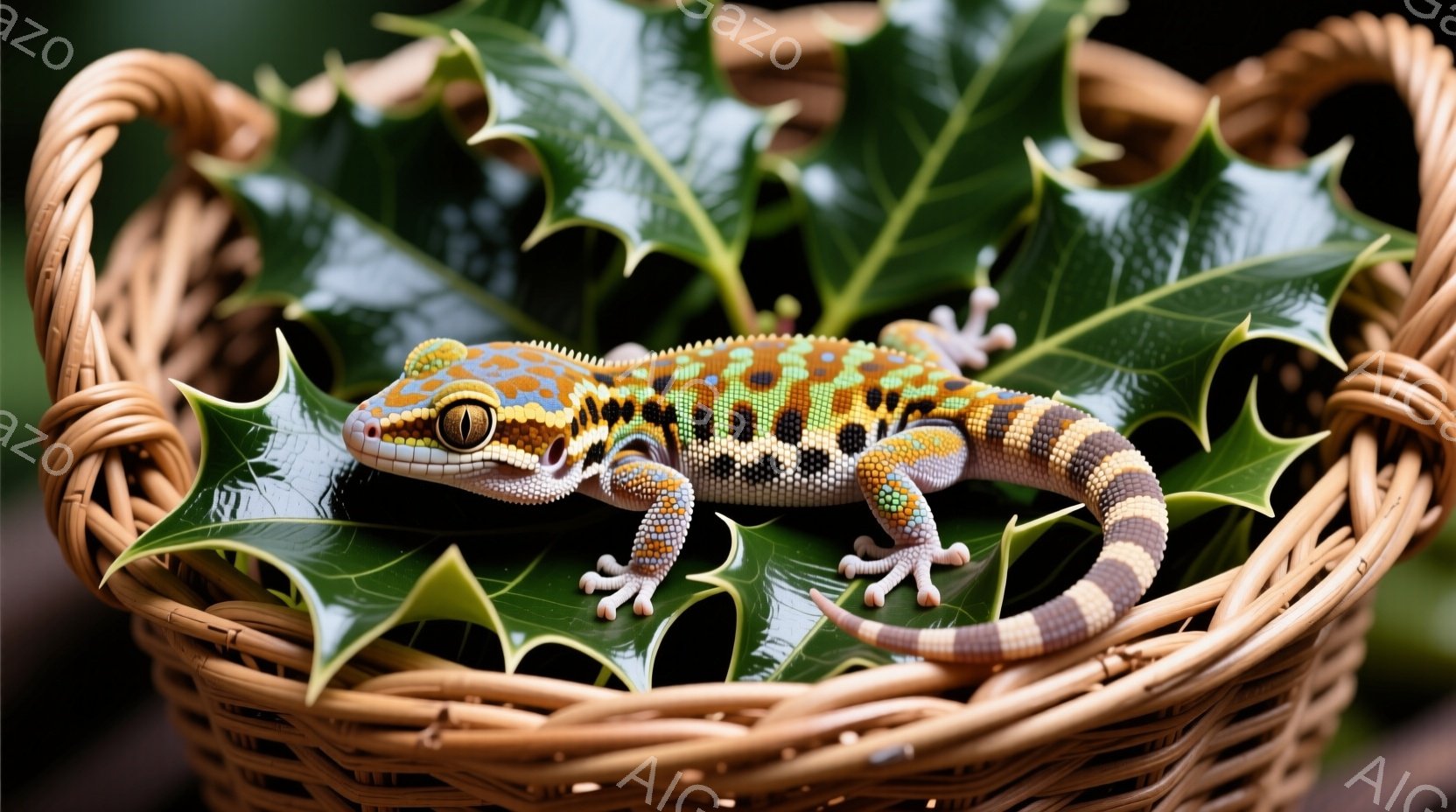 鮮やかな模様のヒョウモントカゲモドキが、緑の葉の上に丸まって眠っているように見えます。カゲモドキは茶色とオレンジ色の縞模様を持ち、丸い瞳が特徴的です。背景には籐で編まれたバスケットがあり、周囲の葉っぱと相まって、自然で落ち着いた雰囲気を醸し出しています。