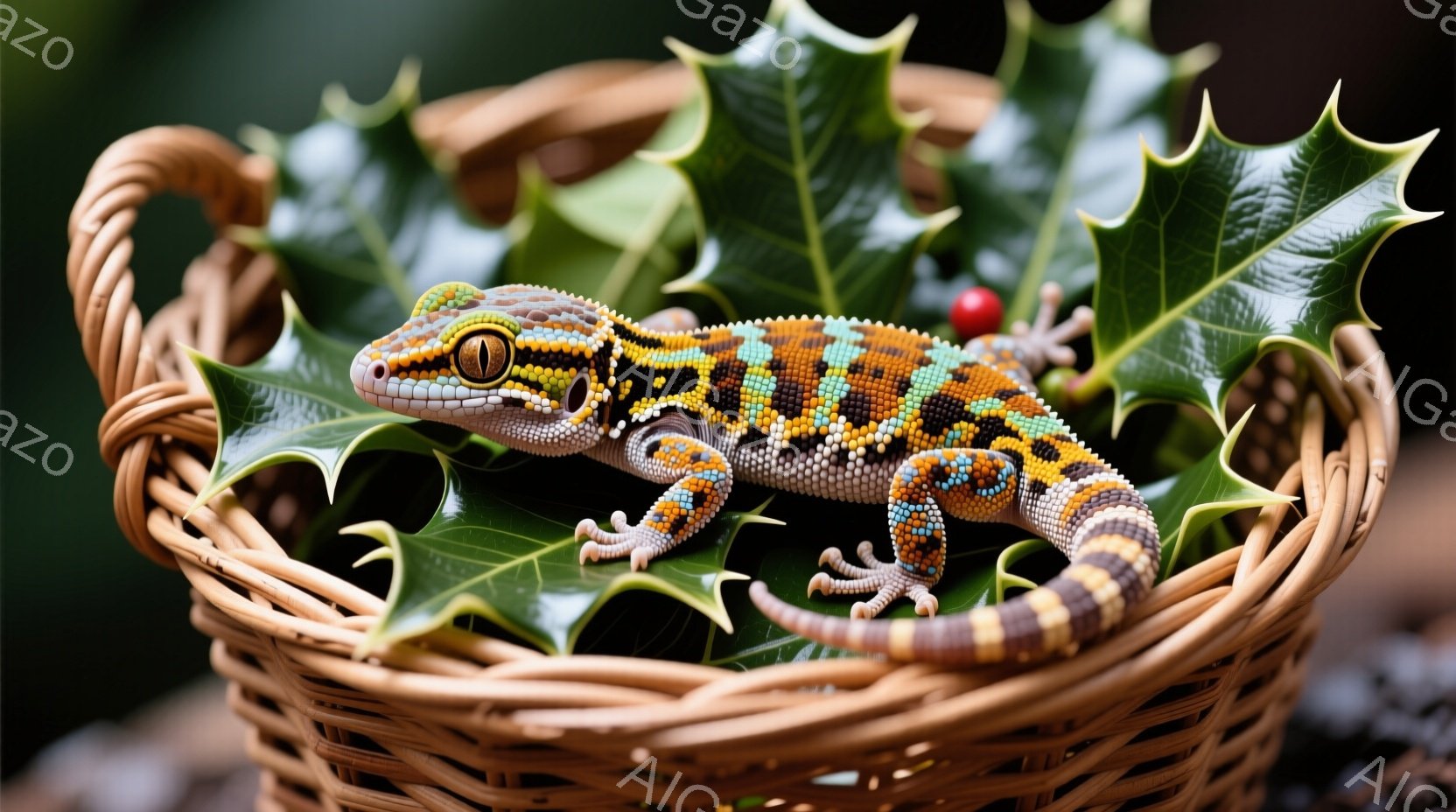 鮮やかな模様のヤモリが、緑の葉と籐編みの籠の中にいます。ヤモリは体の側面を捉えられ、小さな爪を持つ四肢を広げて葉の上にしっかりと乗っています。背景はぼやけていますが、緑の葉の鮮やかさと籠の自然な色合いが、生き生きとした雰囲気を醸し出しています。