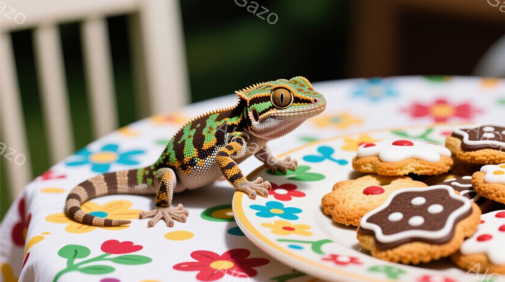 明るい花柄のテーブルクロスの上に、鮮やかな色のトカゲがクッキーの盛り合わせの横に置かれています。トカゲは前足を伸ばし、少し上目遣いでこちらを見ており、クッキーに興味津々な様子です。背景には木製の椅子が見え、全体的に暖かく、遊び心のある雰囲気が漂っています。