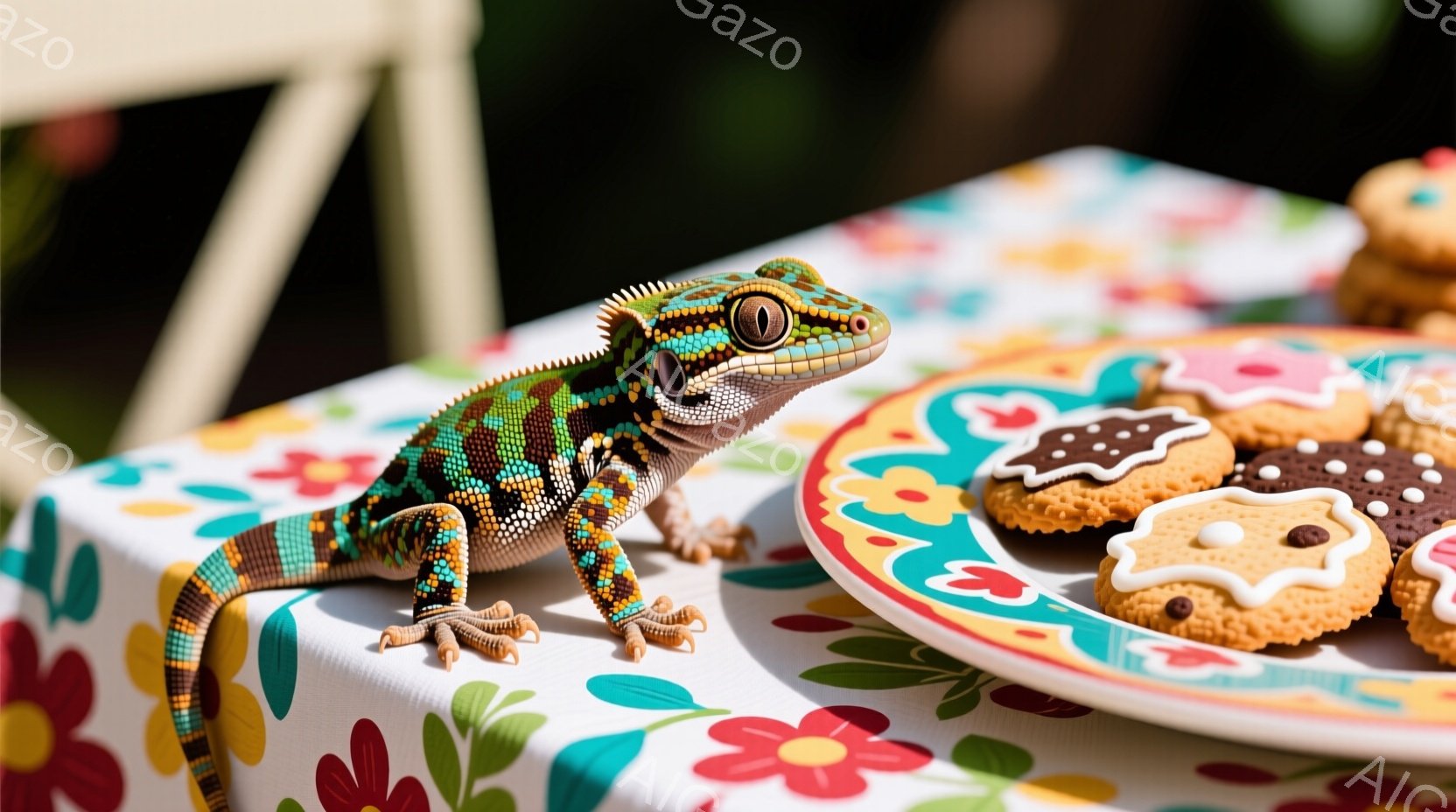 明るい光の中で、鮮やかな色のヤモリが花柄のテーブルクロスの上に立っています。ヤモリは小さな足でしっかりとテーブルに掴まり、好奇心旺盛な表情でカメラの方を見ています。背景にはクッキーが置かれたお皿があり、全体的に可愛らしく、遊び心のある雰囲気が漂っています。