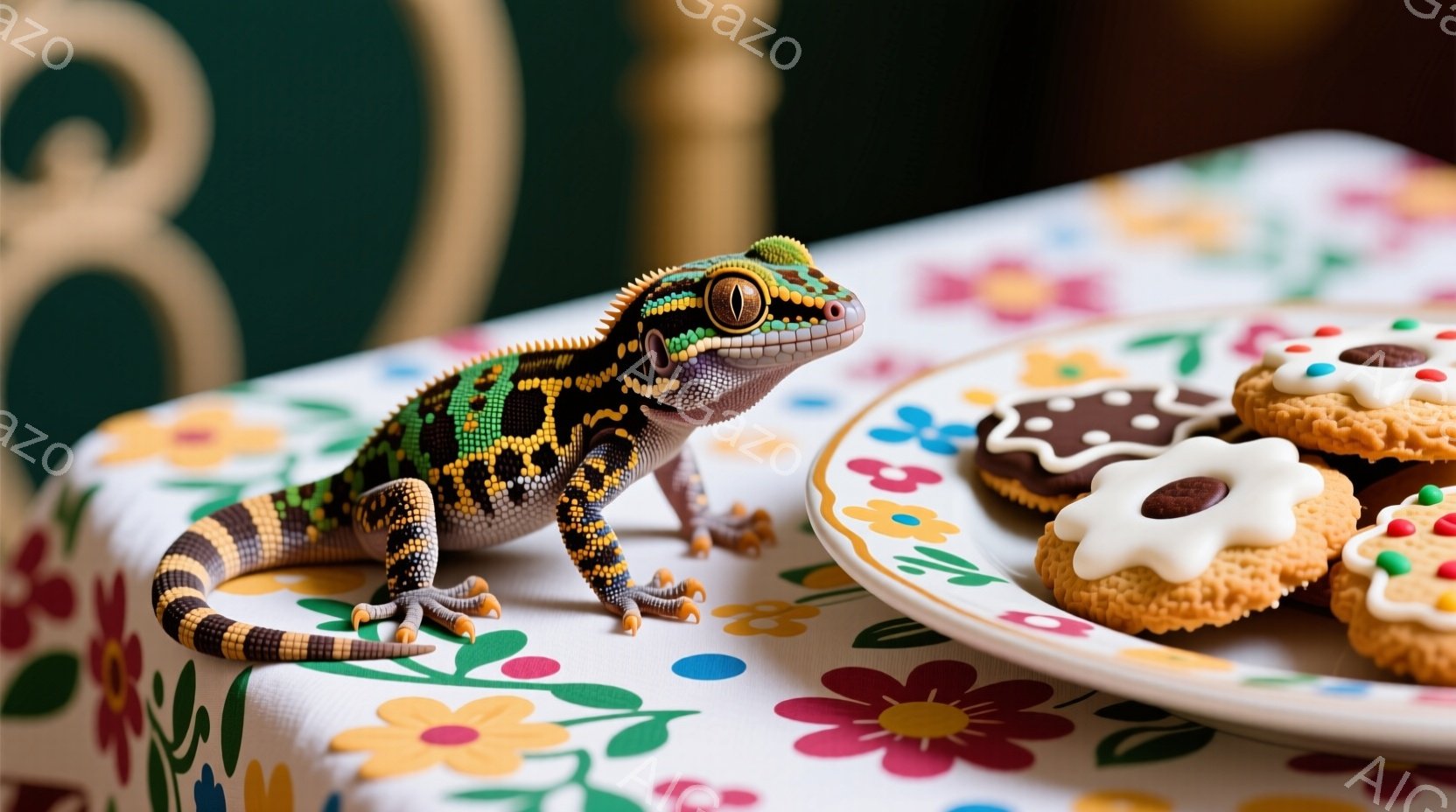明るい花柄のテーブルクロスの上に、鮮やかな色の模様を持つヤモリがいます。ヤモリは片足を前に出し、何かを観察しているかのように姿勢を正しています。背景にはクリーム色の縁取りのあるお皿に飾られたクッキーがあり、暖かく陽気な雰囲気を醸し出しています。
