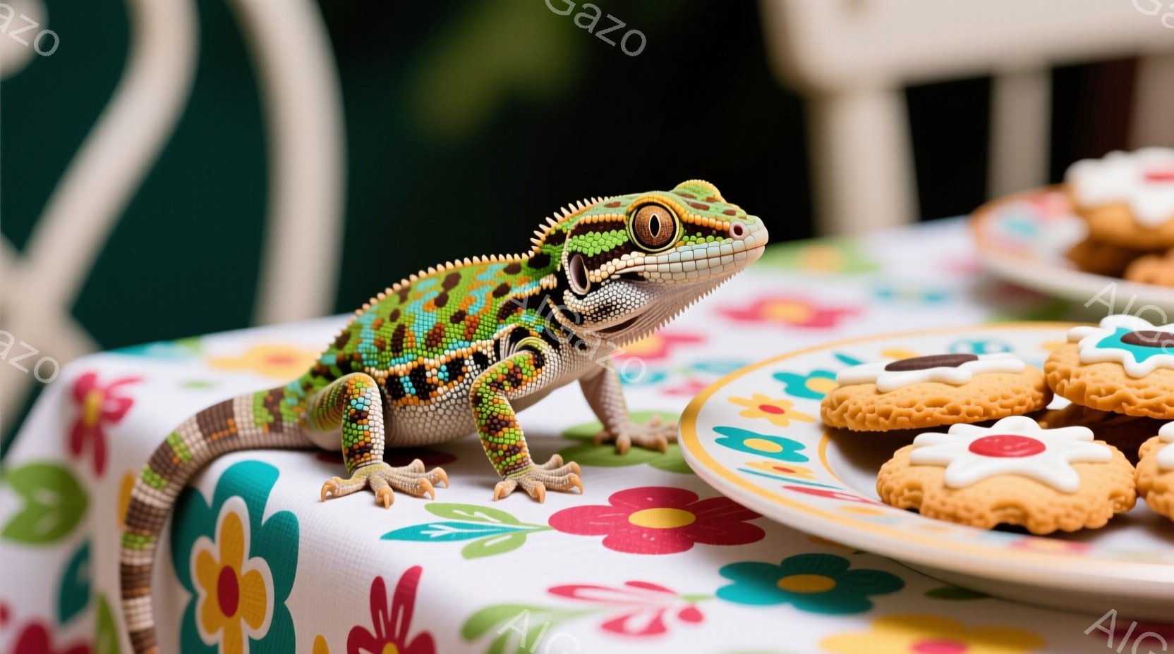 カラフルな花柄のテーブルクロスの上に、模様の美しいヒョウモントカゲモドキがいます。トカゲモドキは前足を広げ、少し上目遣いでこちらを見ており、好奇心旺盛な表情を浮かべています。背景にはクッキーが並んだお皿があり、全体的に明るく可愛らしい雰囲気です。