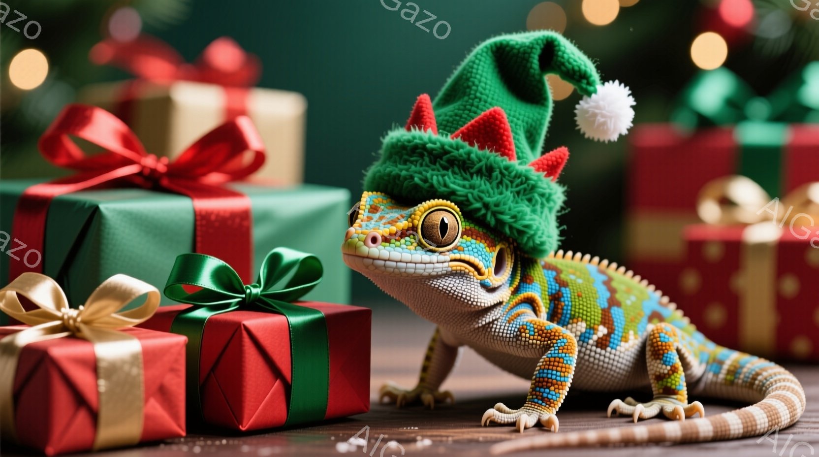カラフルなヒョウモントカゲモドキが、クリスマス柄の帽子をかぶってプレゼントの箱の前に座っています。その表情は穏やかで、どこか楽しそうに見えます。背景にはぼやけたクリスマスツリーの光があり、全体的に暖かく、お祝いムードに包まれています。