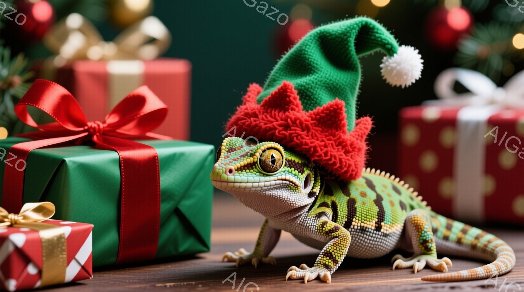 トカゲがクリスマス風の帽子をかぶっており、緑と赤のストライプが特徴的です。暖炉の周りに置かれたプレゼントボックスに囲まれ、お祝いの雰囲気を醸し出しています。背景にはぼやけたクリスマスツリーが見え、冬の喜びを表現しています。
