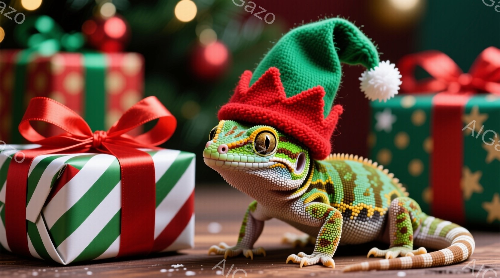 トカゲがクリスマスツリー柄の帽子を被って、プレゼントの箱の横に座っています。トカゲは鮮やかな緑と黄色の模様を持ち、鋭い眼光でこちらを見ています。背景には他のプレゼントやぼやけたクリスマスツリーの光が見 - AI生成フリー素材