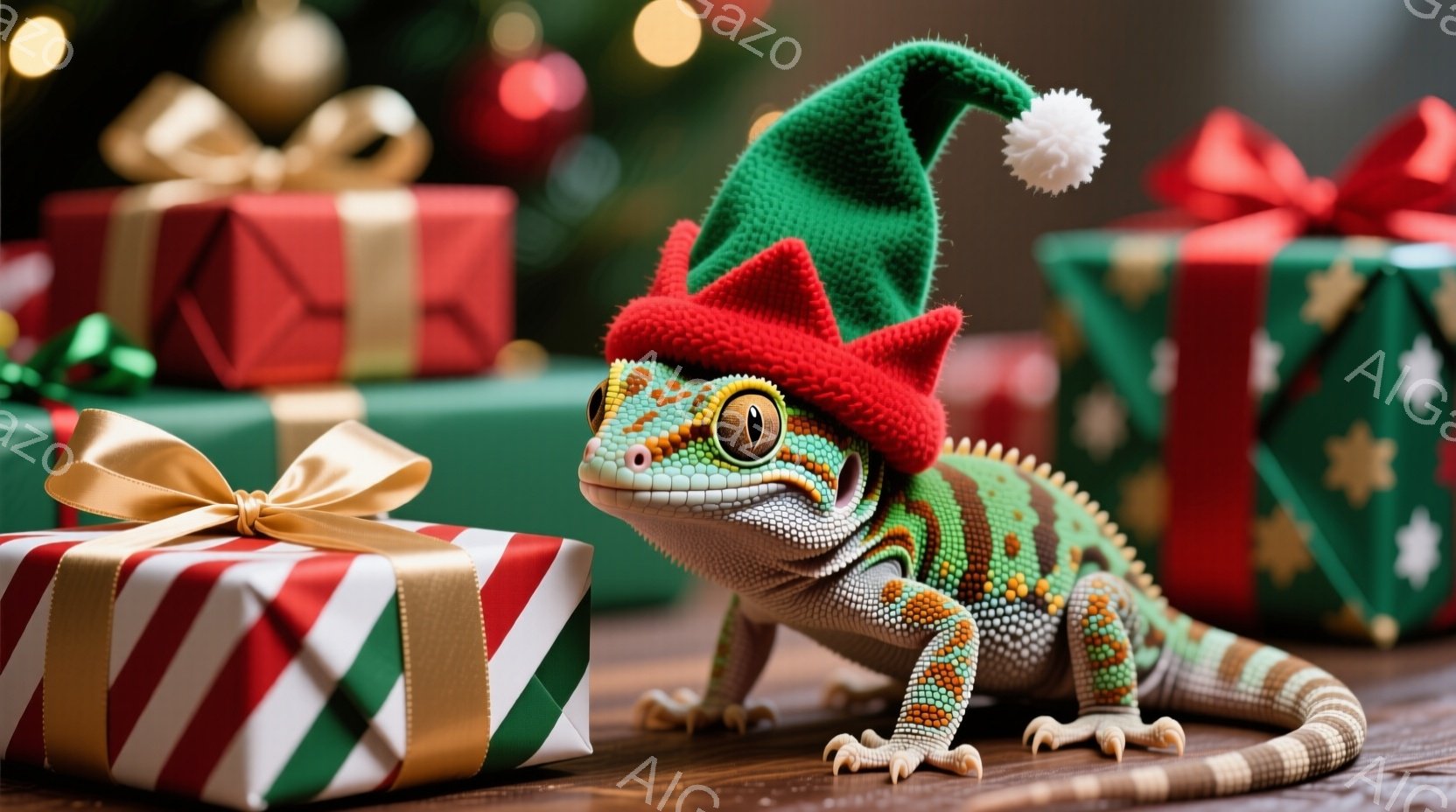 トカゲがクリスマスツリーのような緑と赤のニット帽をかぶって、プレゼントの箱の上に座っています。 箱は赤、緑、白のストライプで飾られ、金色のリボンが付いています。 背景には、他のプレゼントの箱とぼやけた - AI生成フリー素材