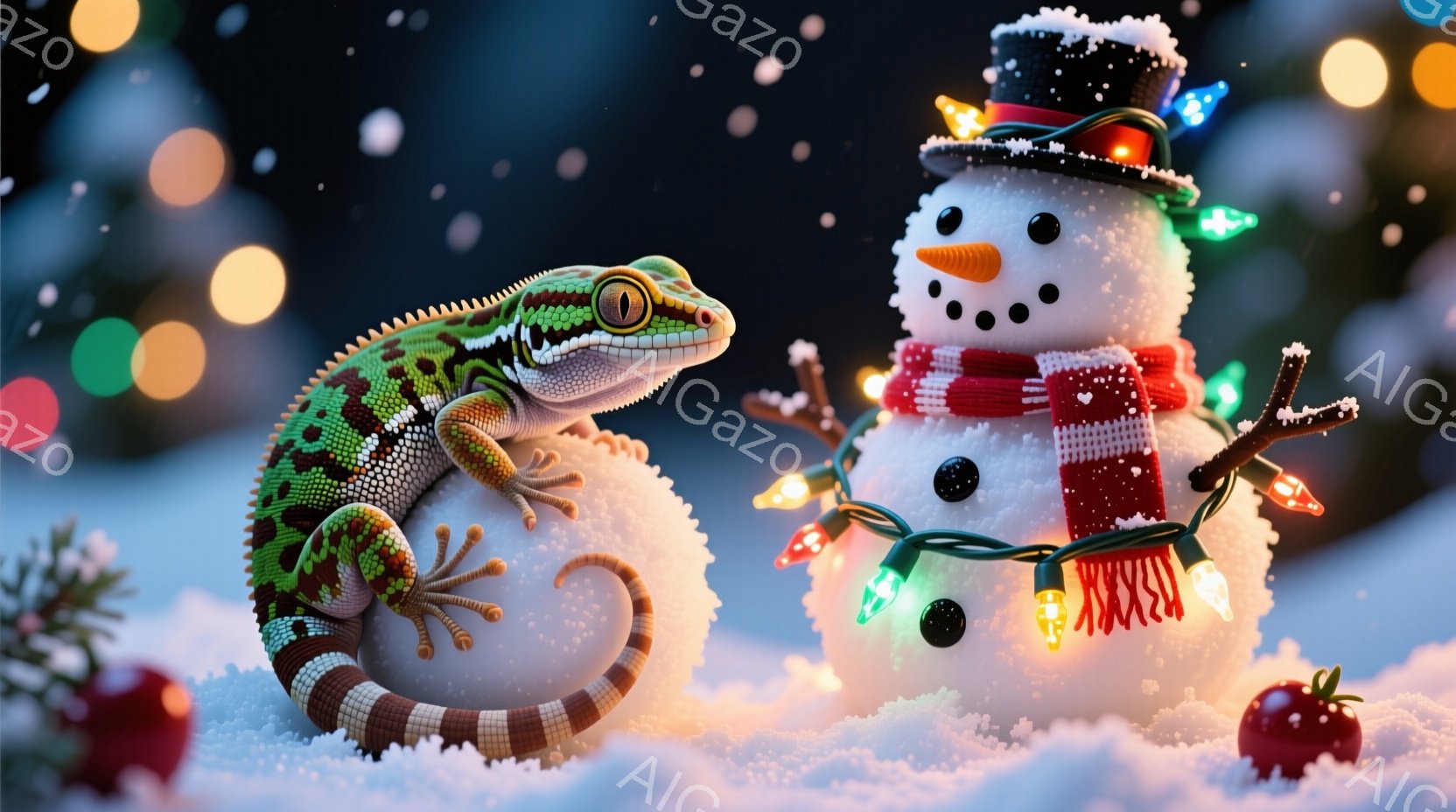 雪景色の中に、トカゲが雪だるまと一緒にいます。雪だるまは赤い縞模様のマフラーを巻き、黒い帽子をかぶり、カラフルな電飾が体を彩っています。背景には赤い実が落ちており、全体的に温かく、遊び心のある冬の雰囲 - AI生成フリー素材