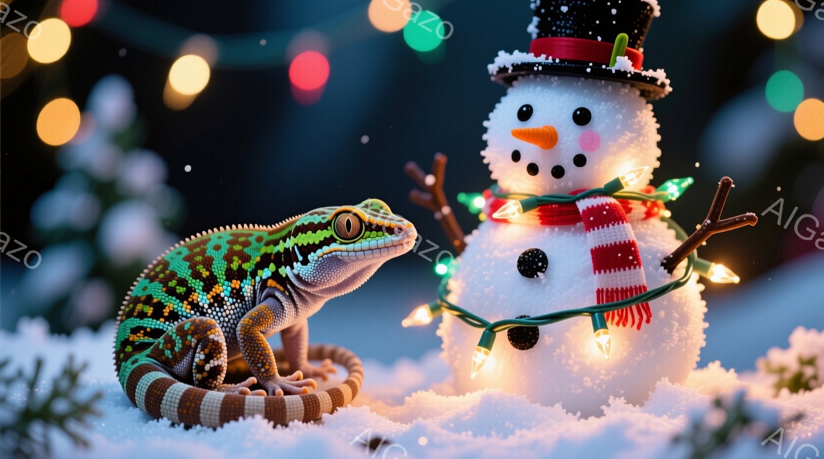 雪の上に、鮮やかな色のトカゲが丸まって座っており、そばには雪だるまが立っています。雪だるまは、つばひら帽子、にんじんの鼻、ボタンの目、赤いストライプのスカーフを身につけ、光るイルミネーションで飾られて - AI生成フリー素材