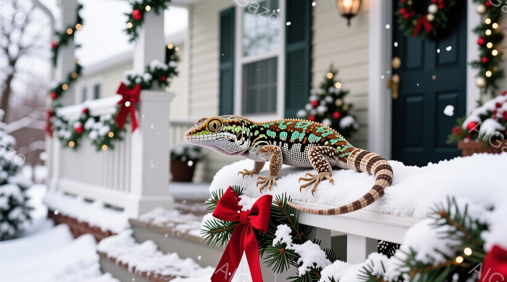 透明な球体の中に、鮮やかな色彩のヤモリが描かれている。ヤモリは、球体の中で体を伸ばし、横向きに静止している様子で、背景には緑色のぼやけた葉が広がり、球体は苔むした木の枝に吊り下げられている。全体的に、幻想的で自然を感じさせる雰囲気が漂っている。